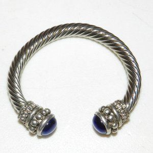 Vintage Silver Tone Twisted Cable Cuff Bracelet w/ Blue lightning bolt